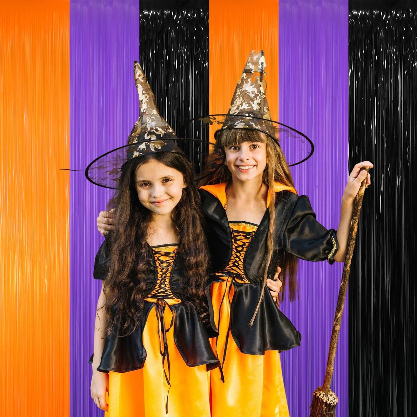 GOER 3.2 ft x 8.2 ft Metallic Tinsel Foil Fringe Party Backdrop for Halloween Birthday Graduation New Year's Party Decorations(5 Packs,Black&Orange&Purple)
