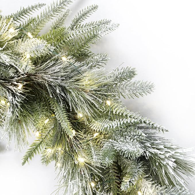 LampLust Garland with Lights Battery Operated, 6 Ft Frosted Garland with Pine Branches, 100 LED Lights with Timer, Spring Greenery for Mantle All Year Round, Dining Table Centerpiece Decor