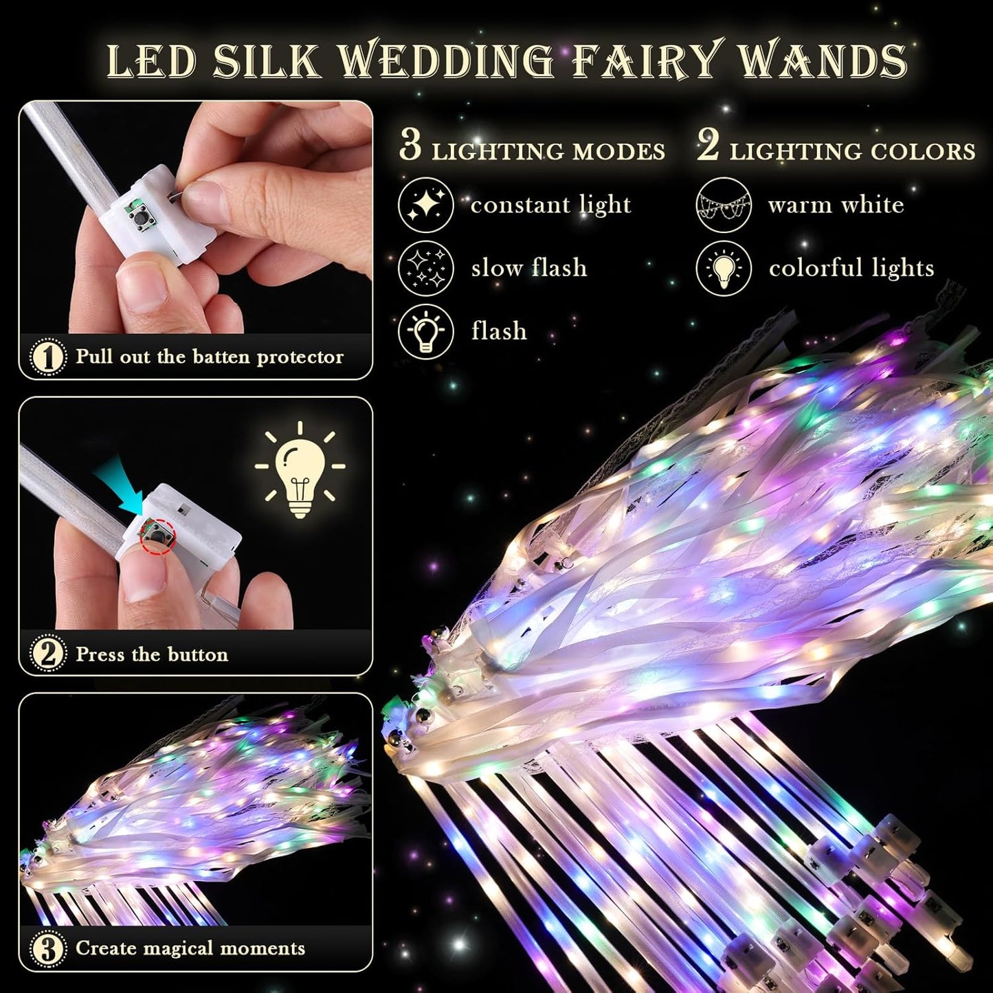 100 Pieces Light up Wedding Wands with Ribbons & Bells –LED Silk Wedd Fairy Wands Streamers with Warm White & Colorful Lights for Wedding Send Off Ideas, Parties, and Celebrations