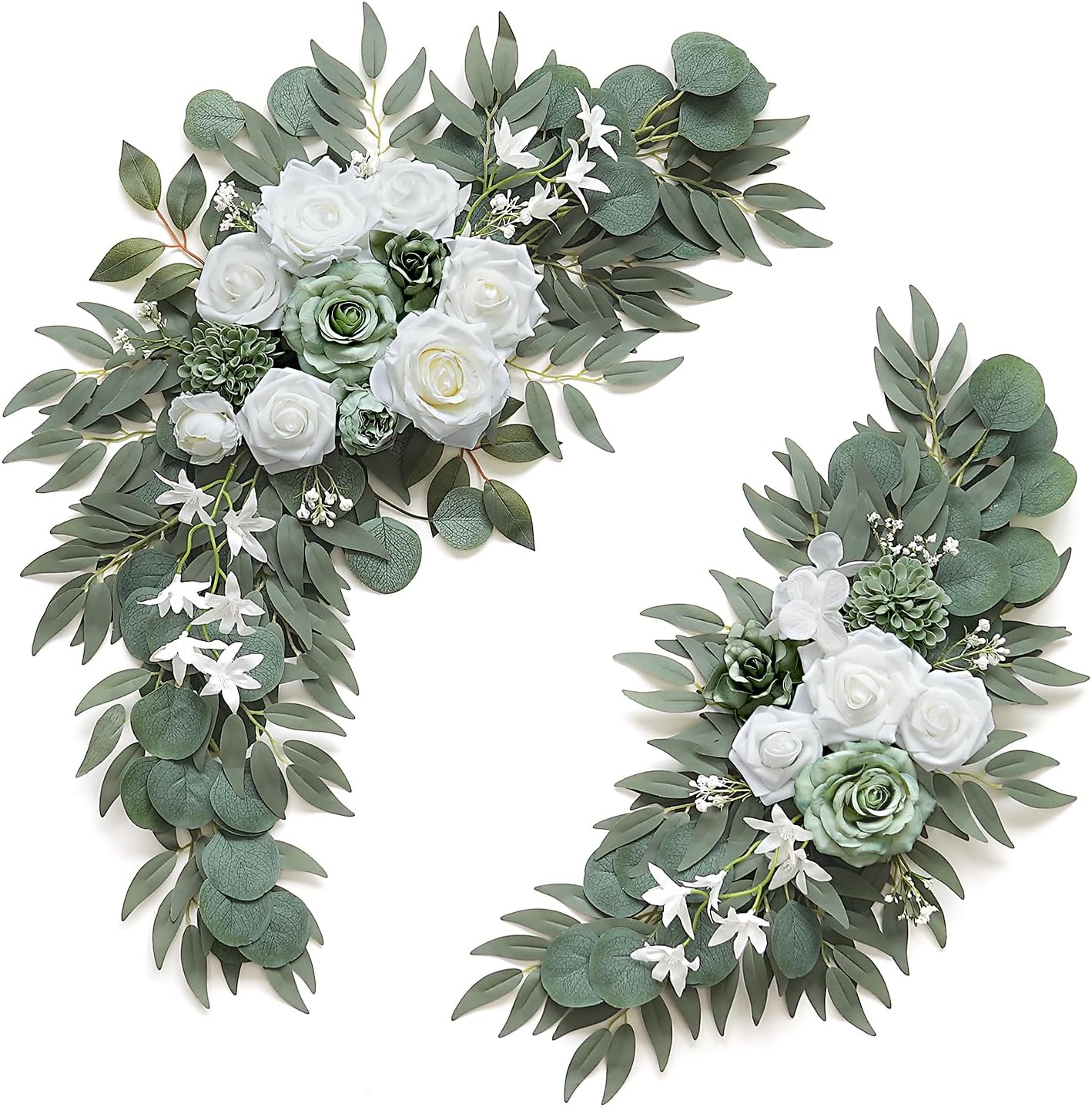 2-Pack Sage Green & White Wedding Flower Swag Set, Large: 35.43"L x 14.56"W, Small: 24.80"L x 12.99"W, Artificial Flowers for Wedding Arch, Ceremony, Table Centerpieces, Wall Hanging