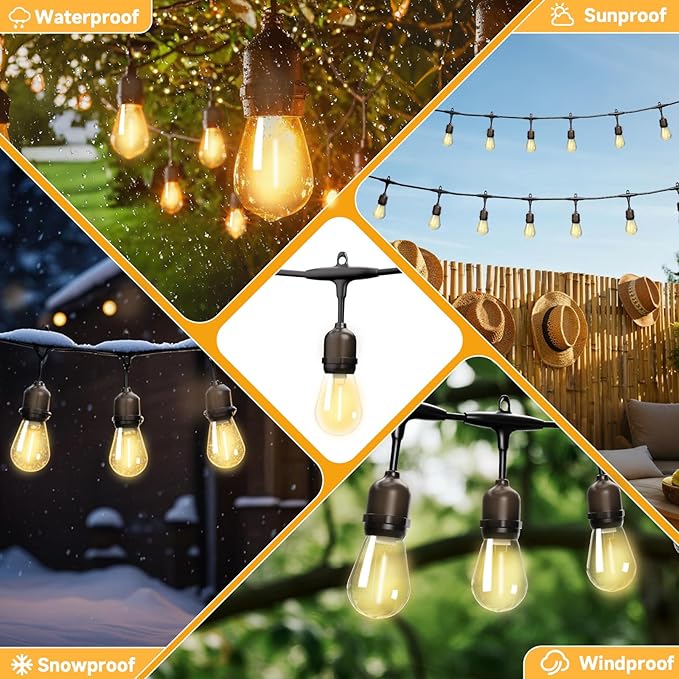 Outdoor Safety String Lights 50FT - Commercial Grade Low Voltage Strand with 20 S14 Shatterproof Bulbs for Tree Garden Yard bistro Cafe | Warm Yellow 3500K Party Lights | IP65 Waterproof | UL Listed