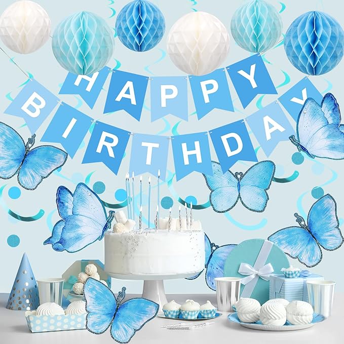 meowtastic Birthday Decorations, Happy Birthday Banner with Honeycomb Balls, Butterfly Hanging Swirl Streamers, Circle Dots Garland, Happy Birthday Party Decorations for Women Men Boys Girls (Blue)