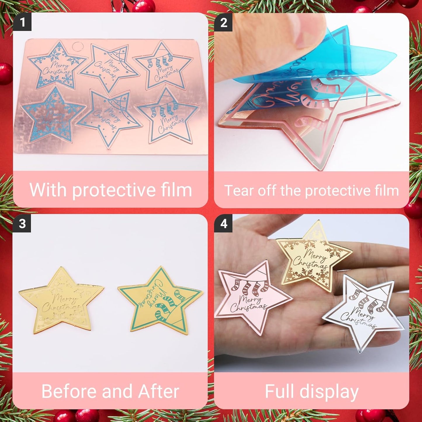 36 Pcs Merry Christmas Acrylic Cupcake Toppers Acrylic Mirror Star Xmas cupcake picks New year Party Cake Decorations