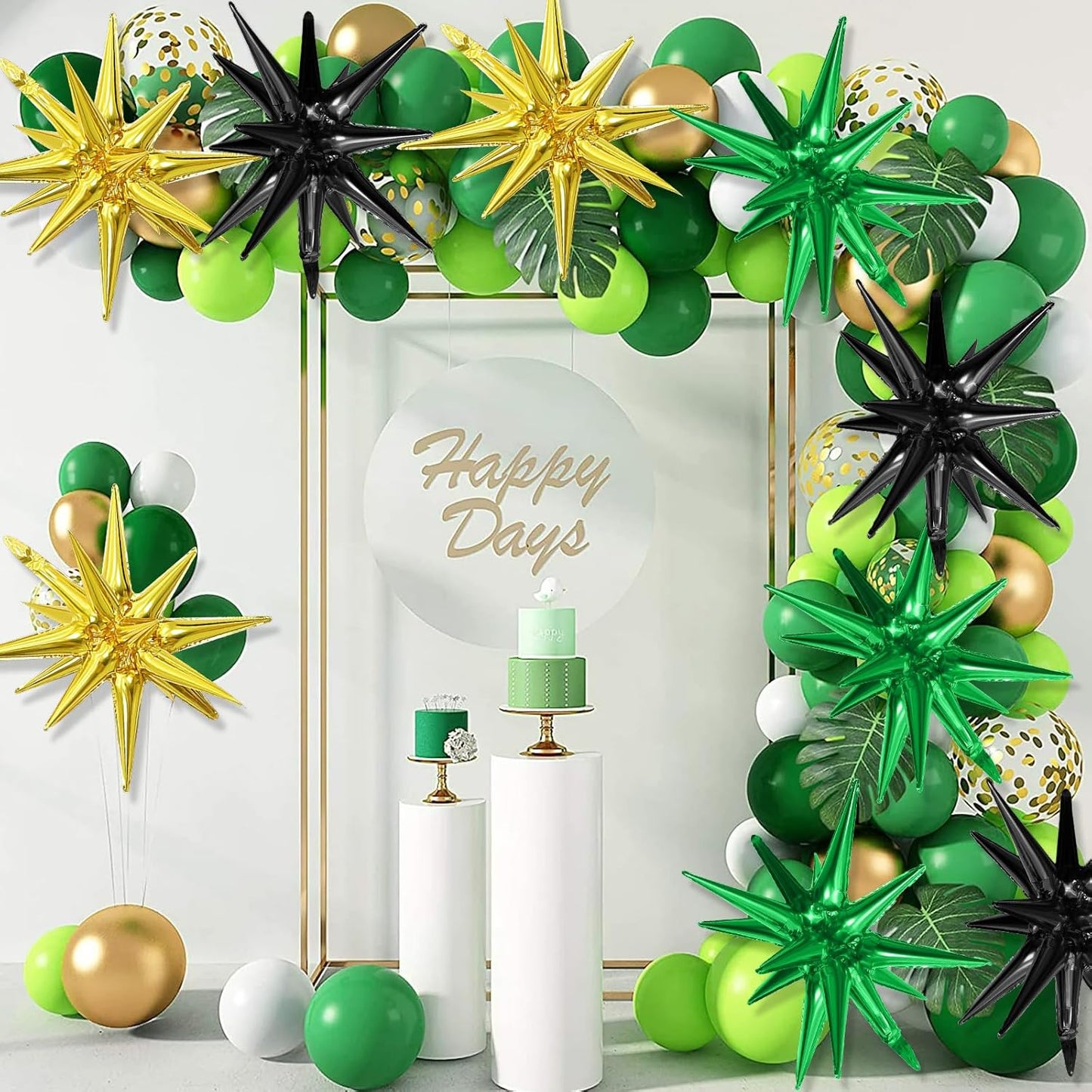 Black Green Gold Star Balloons,9Pcs 22Inch Black Green Gold Explosion Spike Cone Helium Polyester Film Star Foil Balloons for Birthday Anniversary Baby Shower Wedding Disco Party Decorations