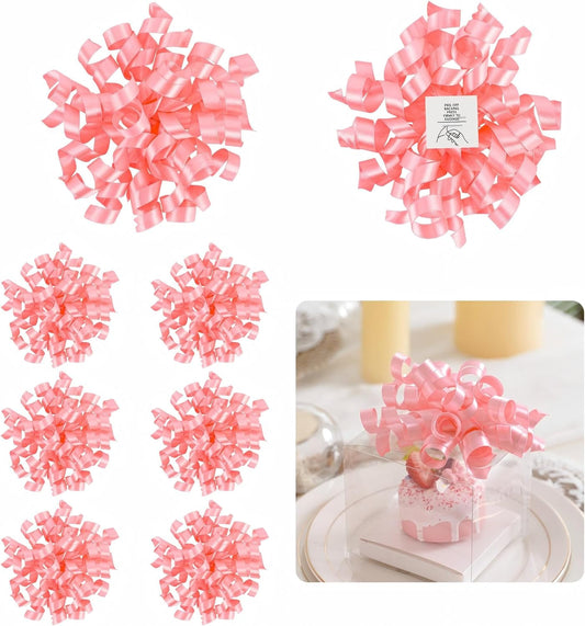 5 Inch Baby Pink Gift Bow Curly Ribbon Bows Set of 8, Double Faced Satin Ribbon Bow Premade Self Adhesive Bow Decorations for Party, Wedding, Holiday, Bows for Crafts, Wine Bottle, Presents