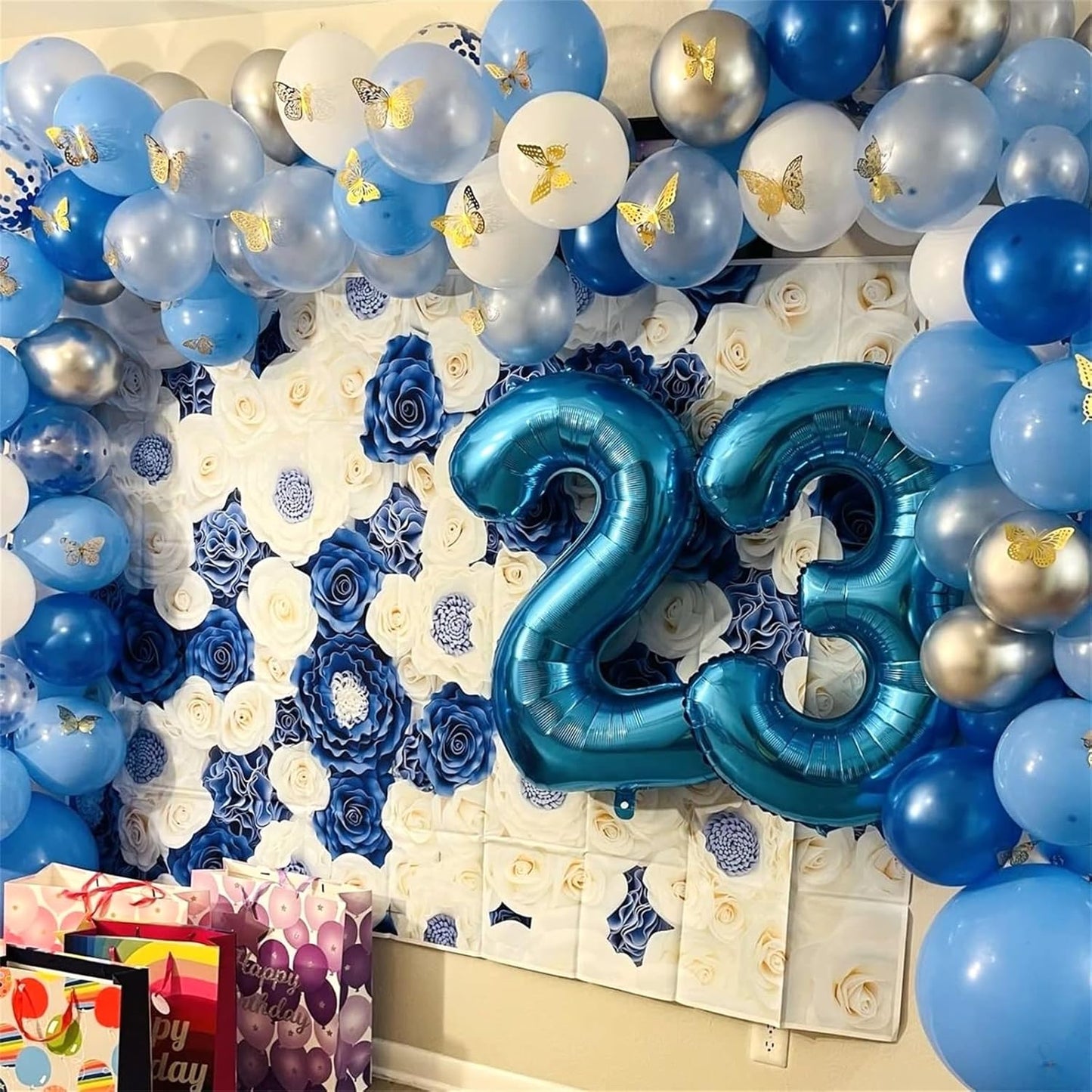 Blue and Silver Balloons, 12 Inch Metallic Blue Silver White Balloons Set, Pearl Light Blue Aqua Baby Blue Silver Confetti Latex Balloons for Boys Birthday Baby Shower Christening Party Decorations