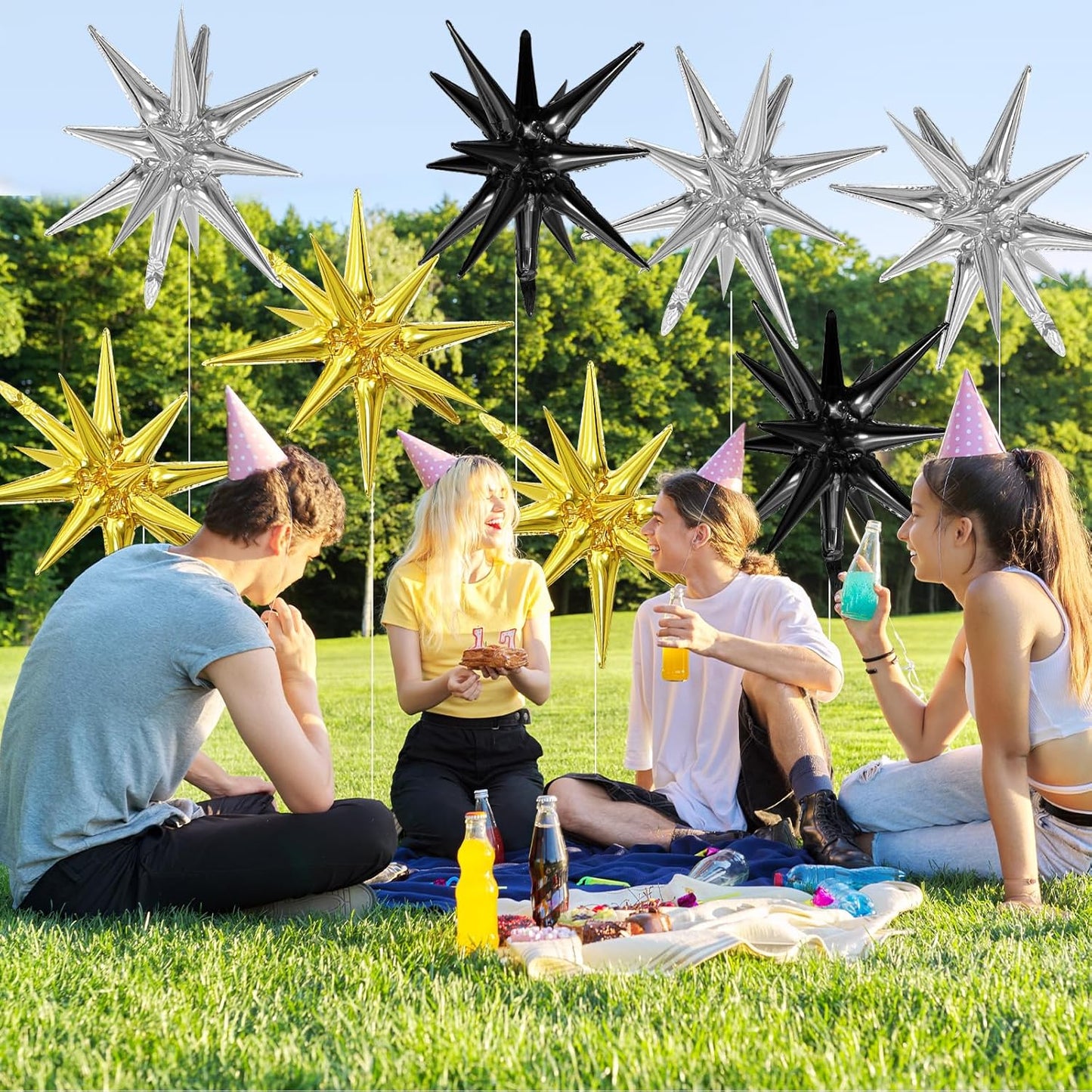 Black Gold Silver Star Balloons,9Pcs 22Inch Black Silver Gold Explosion Spike Cone Helium Polyester Film Star Foil Balloons for Birthday Anniversary Baby Shower Disco Party Decorations