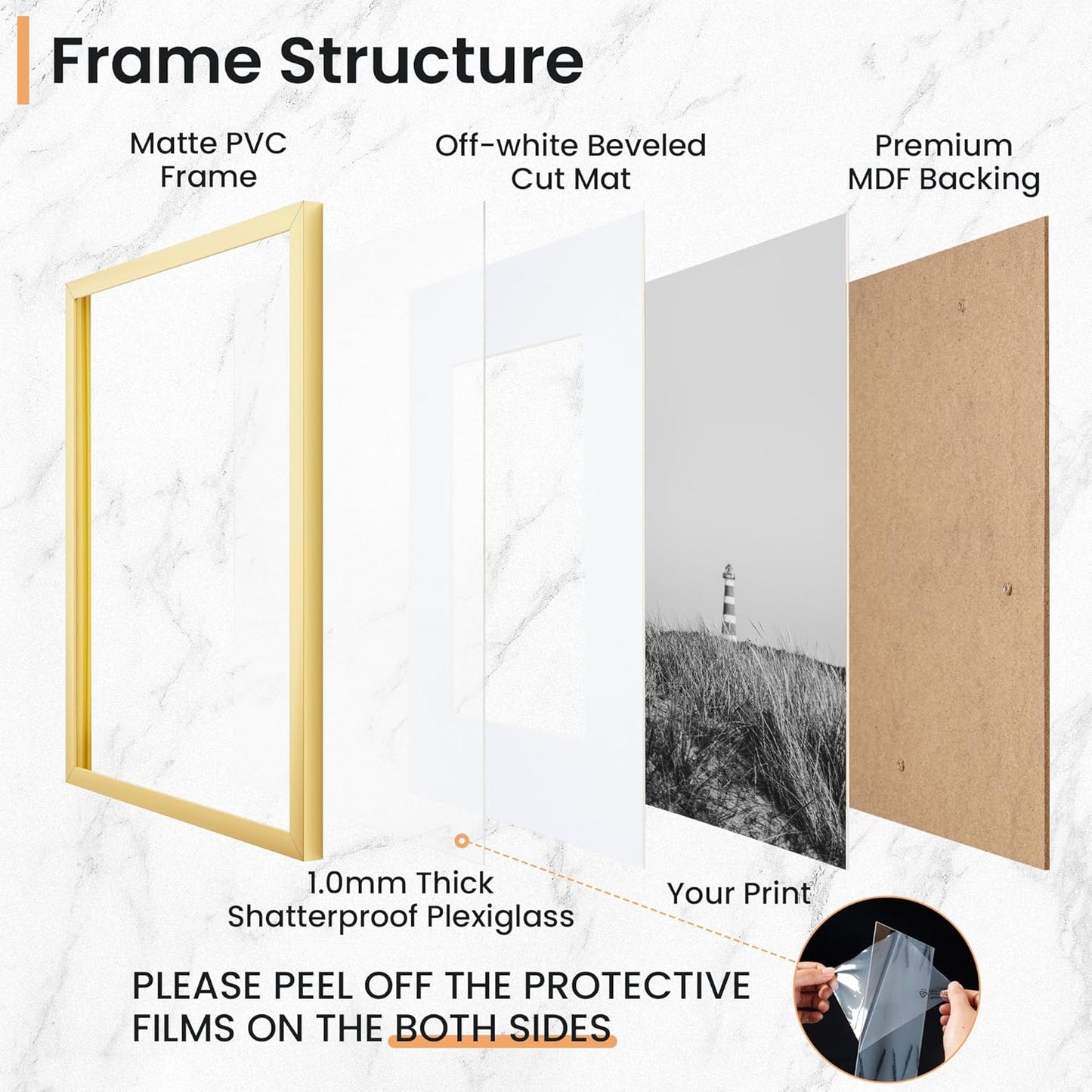 11x17 inch Picture Frame, 11x17 Photo Frames with 8x12 Removable Mat - High Definition Plexiglass - Vertical and Horizontal Display - Wall Hanging Frame - Gold, 5 Pack