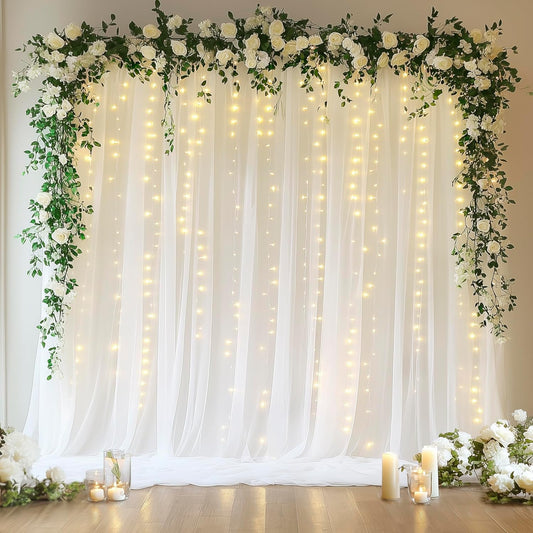 Fomcet White Tulle Backdrop Curtains with Lights String 10FT X 10FT Sheer Curtain with Lights Tulle Curtains Backdrop for Wedding Birthday Party Photo Shoot (2 Panels 5x10FT)