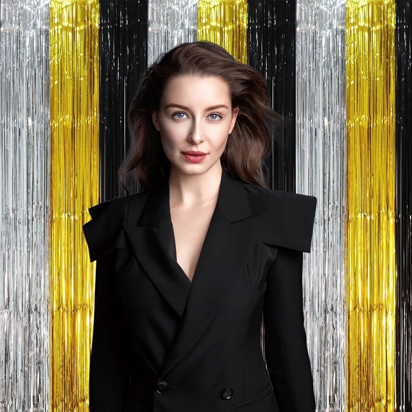 2 Pack Black Gold Silver Foil Fringe Backdrop Curtains, Tinsel Streamers Party Decorations, Fringe Backdrop, Door Shimmer for New Years or Birthday Party