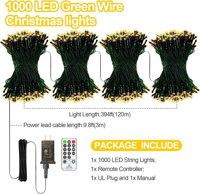 394 FT 1000 LED Christmas Lights Outdoor String Lights 8 Modes & Timer Fairy Lights Plug in Waterproof LED String Lights for Xmas Yard Tree Patio Wedding Holiday Party Decorations (Warm White)