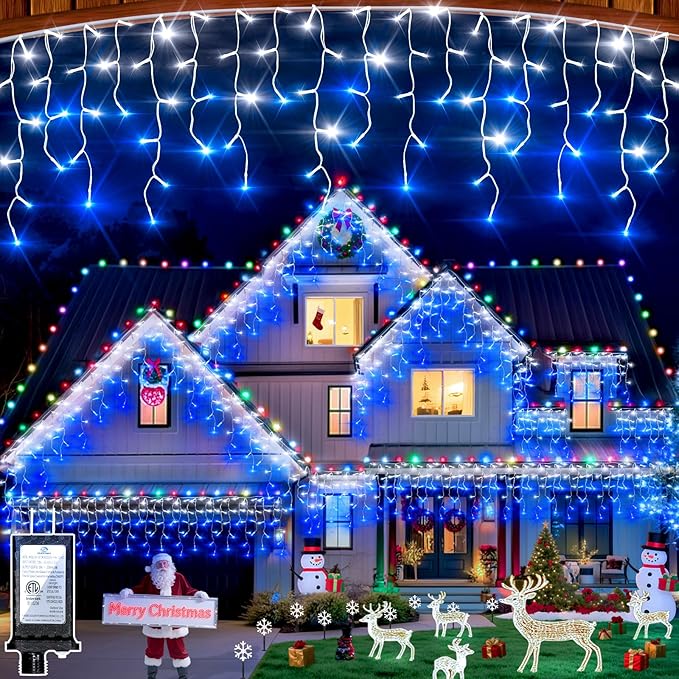 504 LED Fairy lights for Bedroom, 50ft Christmas Window Lights with 112 Drops 12 Modes, Dimmable Curtain Lights, String Lights Indoor Outdoor for Holiday Wedding Party Home Decorations, Blue & White