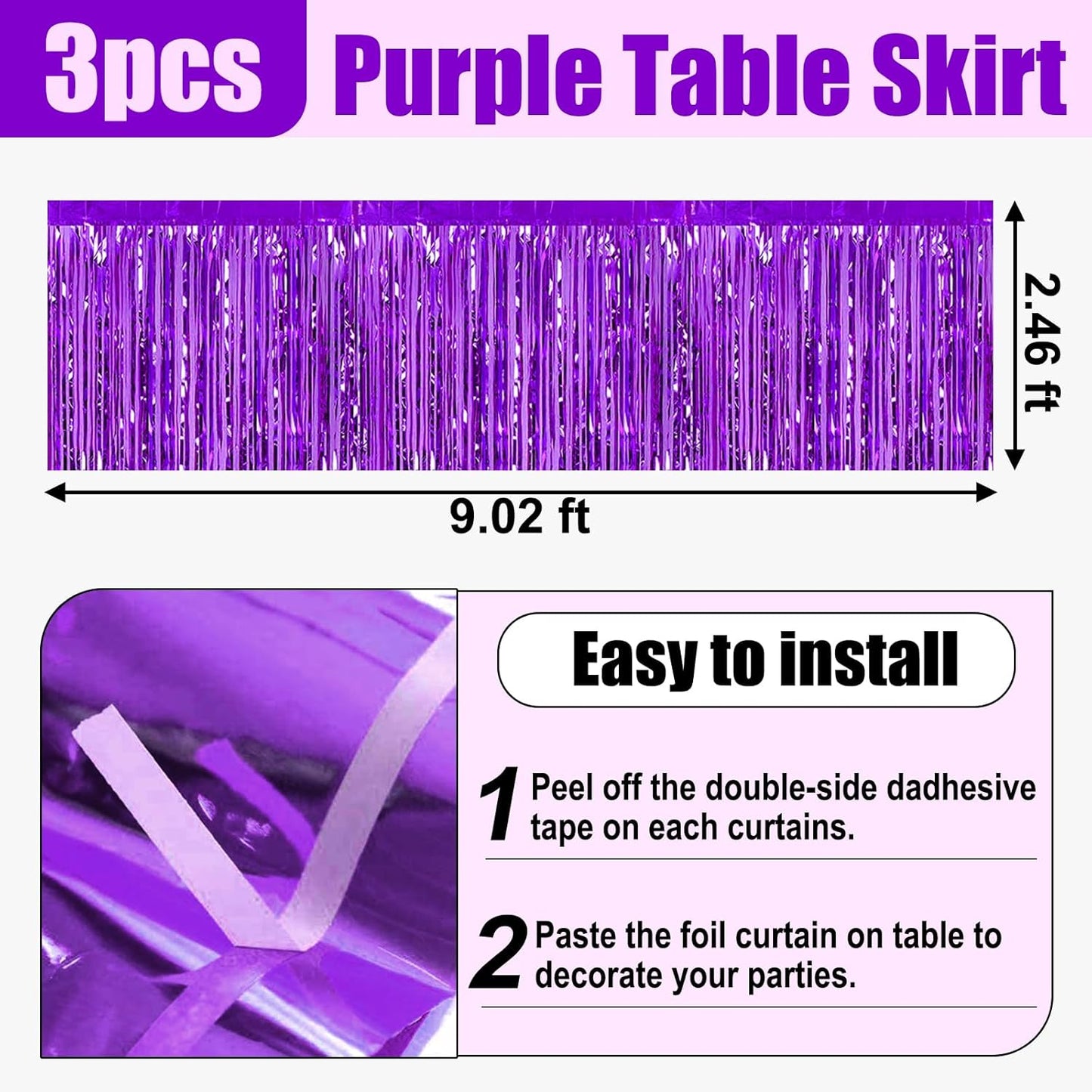 3 Pack 29x108 Inch Purple Foil Fringe Table Skirts Metallic Banner for Tinsel Streamer Garland Backdrop for Parade Floats Wedding Thanksgiving Birthday Christmas Halloween Party Decoration