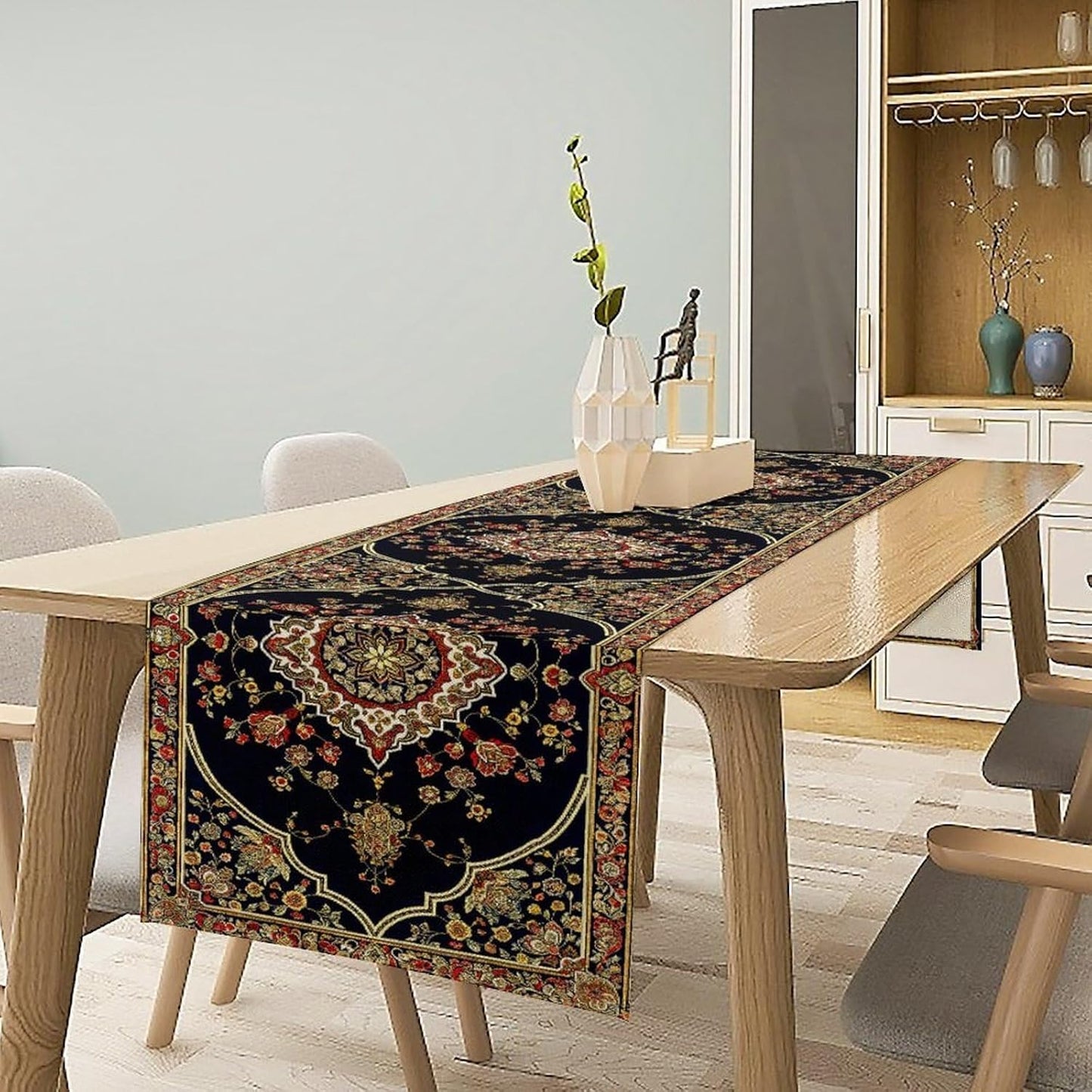 Vintage Boho Floral Table Runner, Rustic Country Farmhouse Black Bohemia Flower Pattern for Home Kitchen Table Decor Dining Cafe Room Wedding Party Decor 13x60in