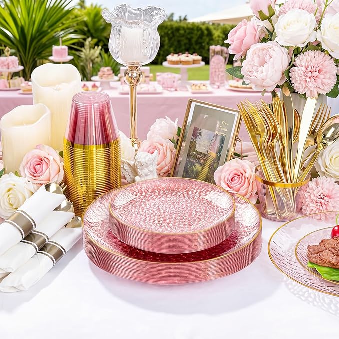 Rubtlamp 700Pcs Pink Gold Plastic Plates, Fancy Hammer Party Plate, Pink Plastic Dinnerware Set Include 100 Dinner Plates,100Salad Plates,100Cups,100Pre Rolled Gold plastic Silverware for Party