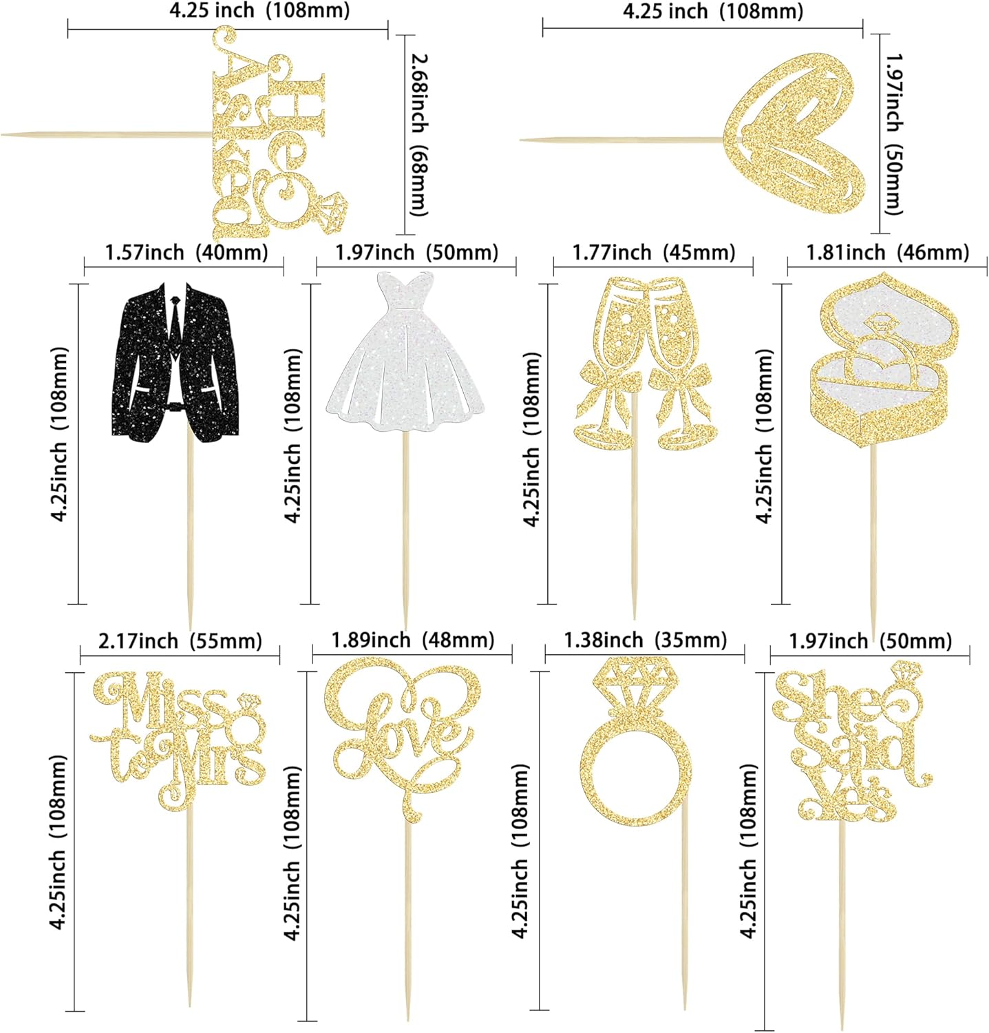 Gyufise 30Pcs She Said Yes Cupcake Toppers Glitter Diamond Ring I Do Love Cupcake Picks Miss to Mrs He Asked Bridal Shower Wedding Engagement Bachelorette Cake Decoration Gold