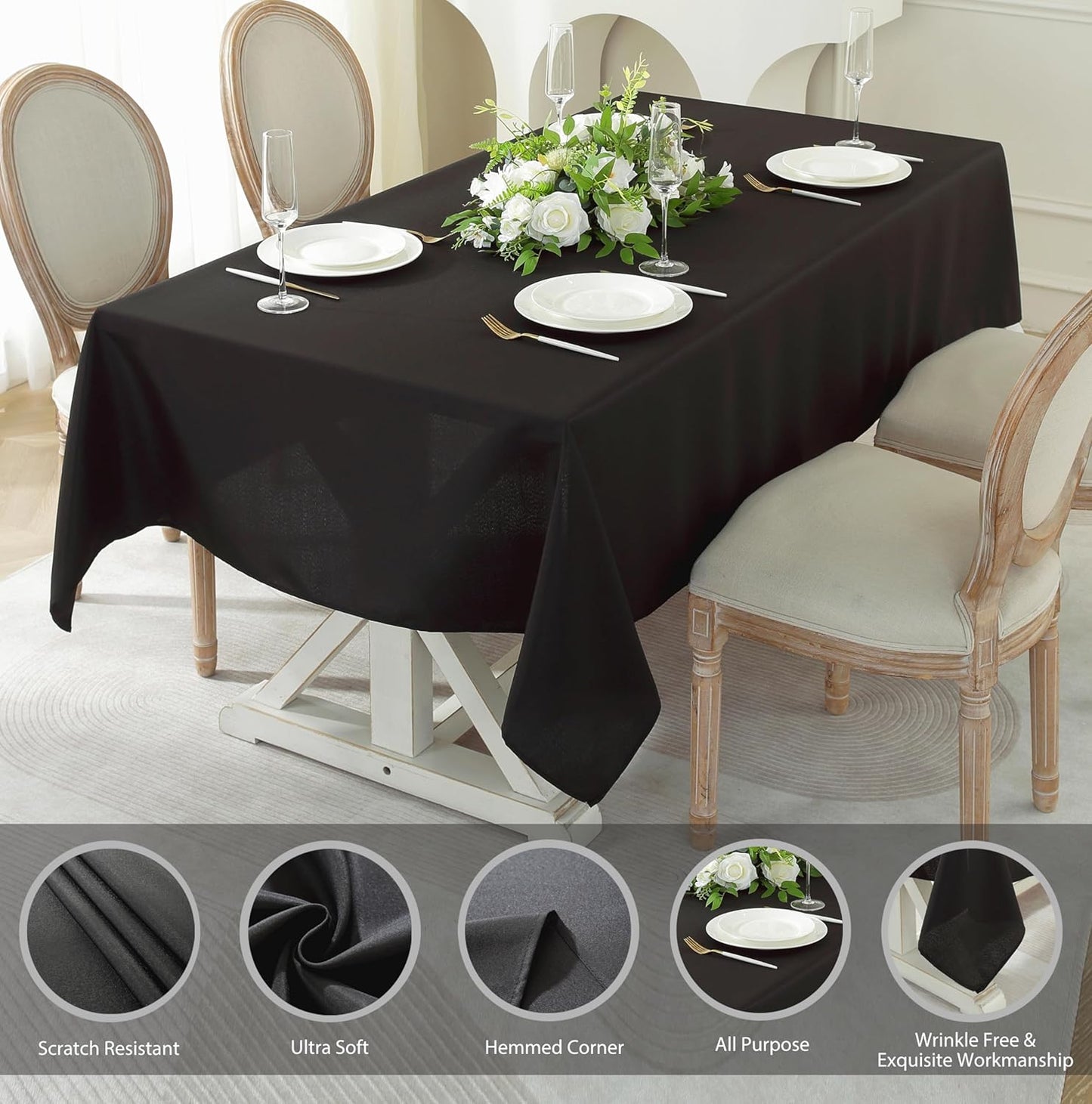 Craft And Party Rectangle Tablecloth, 70 x 90 Inch Black Tablecloth, Polyester Fabric Washable Table Cloth for Home, Party, Wedding or Restaurant Use.