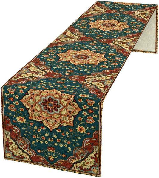 Boho Rich Table Runner, Vintage Blue Teal Gold Retro Flower Rustic Country Style Floral Print Pattern for Home Kitchen Table Decor Dining Coffee Room Garden Party Decor 13x60in