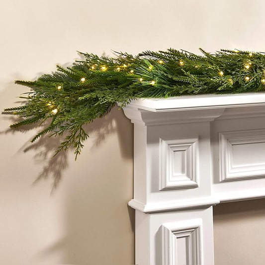LampLust Mantle Garland with Lights Battery Operated, 6 Ft Realistic Norfolk Pine Greenery Garland for Mantle All Year Round, 100 LED Lights with Timer, Table Top Decor for Dining Table