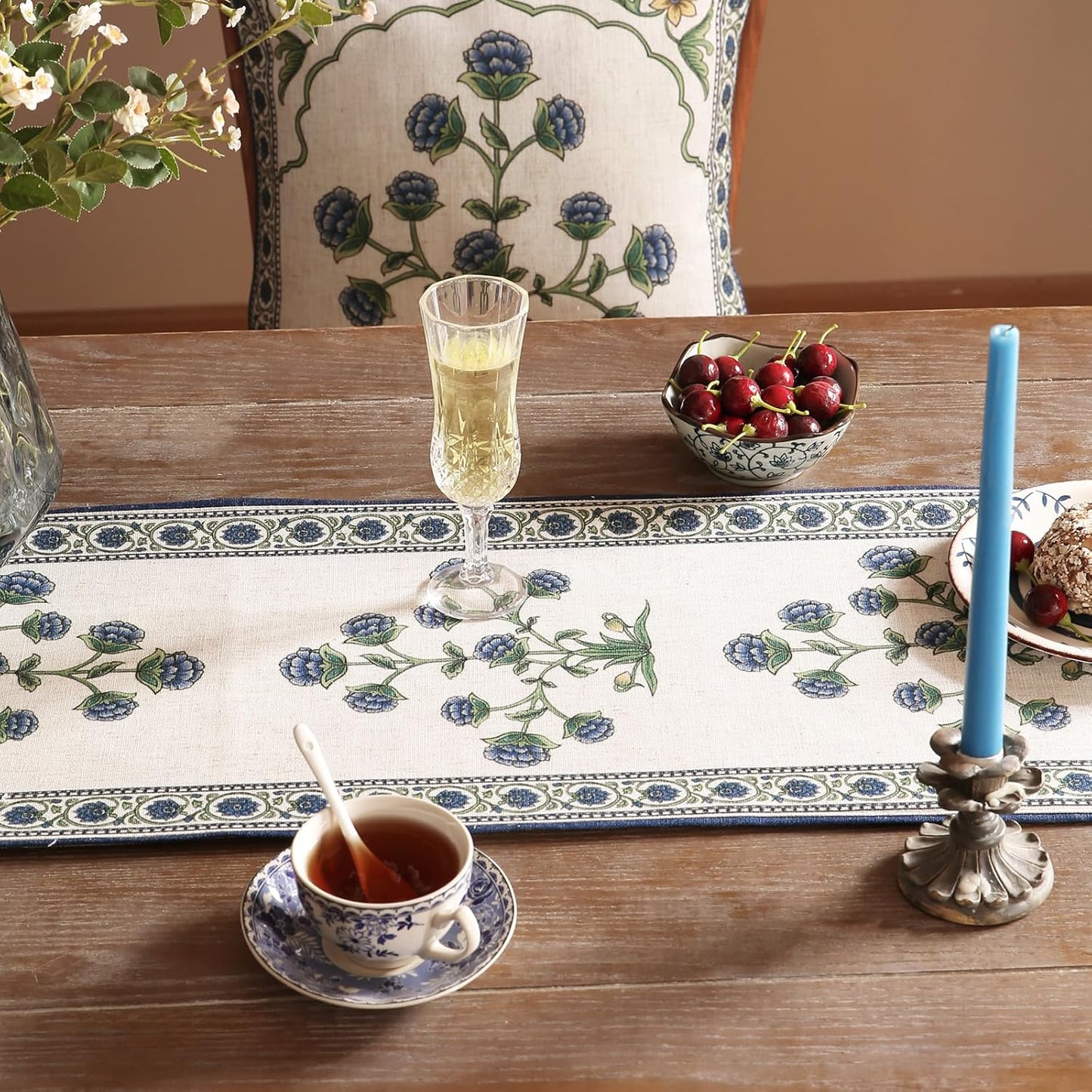 patdrea Designer Blue Rustic Elegant Floral Patterned Extra Long,Wrinkle Resistant Linen Table Runner 118 Inch Long,Decoration for Kitchen Dining and Coffee Tables Banquet Christmas , 12"x118"