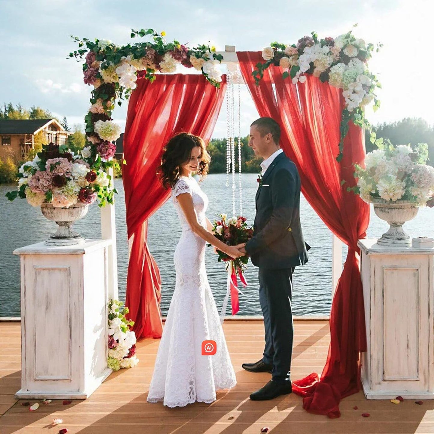 VOK Red Wedding Arch Draping Fabric Chiffon Fabric, 29in x 18Ft 2 Panels Sheer Chiffon Outdoor Curtain for Wedding Ceremony Birthday Party Decoration (Red,2 Panel)