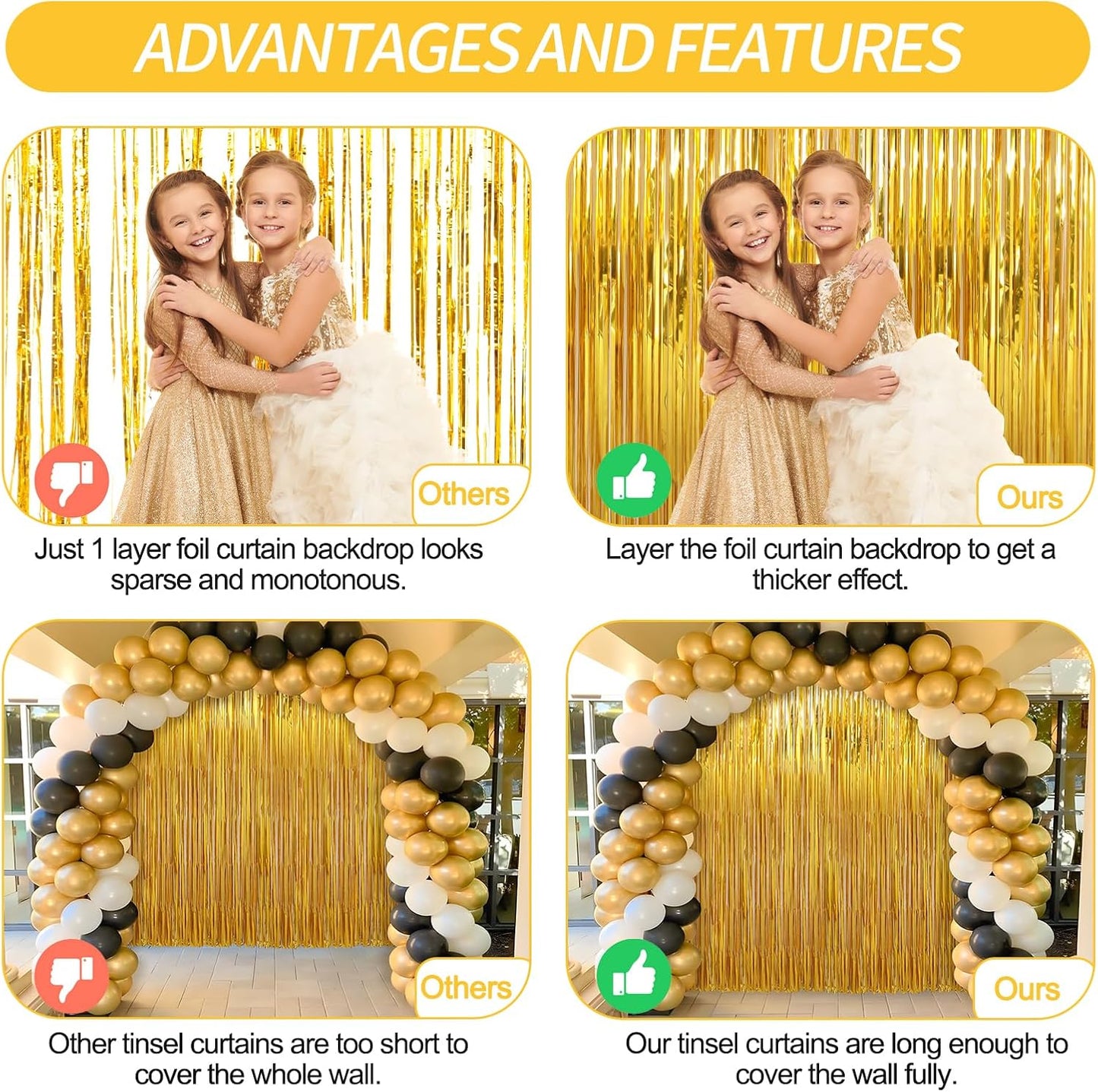 4 Pack Gold Foil Fringe Curtains Door Streamers Party Decorations 3.3 x 8.2 ft, Gold Tinsel Curtain Fringe Backdrop for Parties, Door Fringe Birthday Streamers, Photo Booth Backdrops, Party Decor