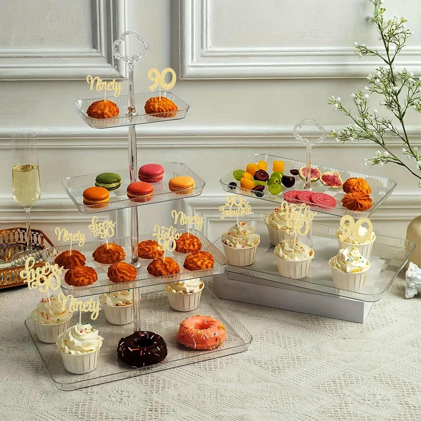 30pcs Happy 90th Birthday Cupcake Toppers - Gold Glitter Ninety Cheers to 90 Years Old Cupcake Picks for Anniversary Party Cake Decorations