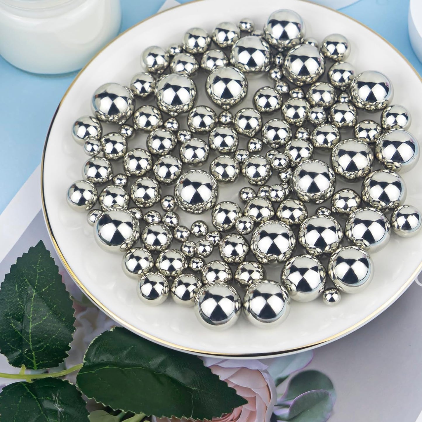 150Pcs Bright Silver Polished No Hole Faux Pearl Beads for Vase Filling Decorations, Plastic Pearls Vase Fillers, Table Scatters, Wedding Centerpiece, Home Decor, 8/14/20 mm