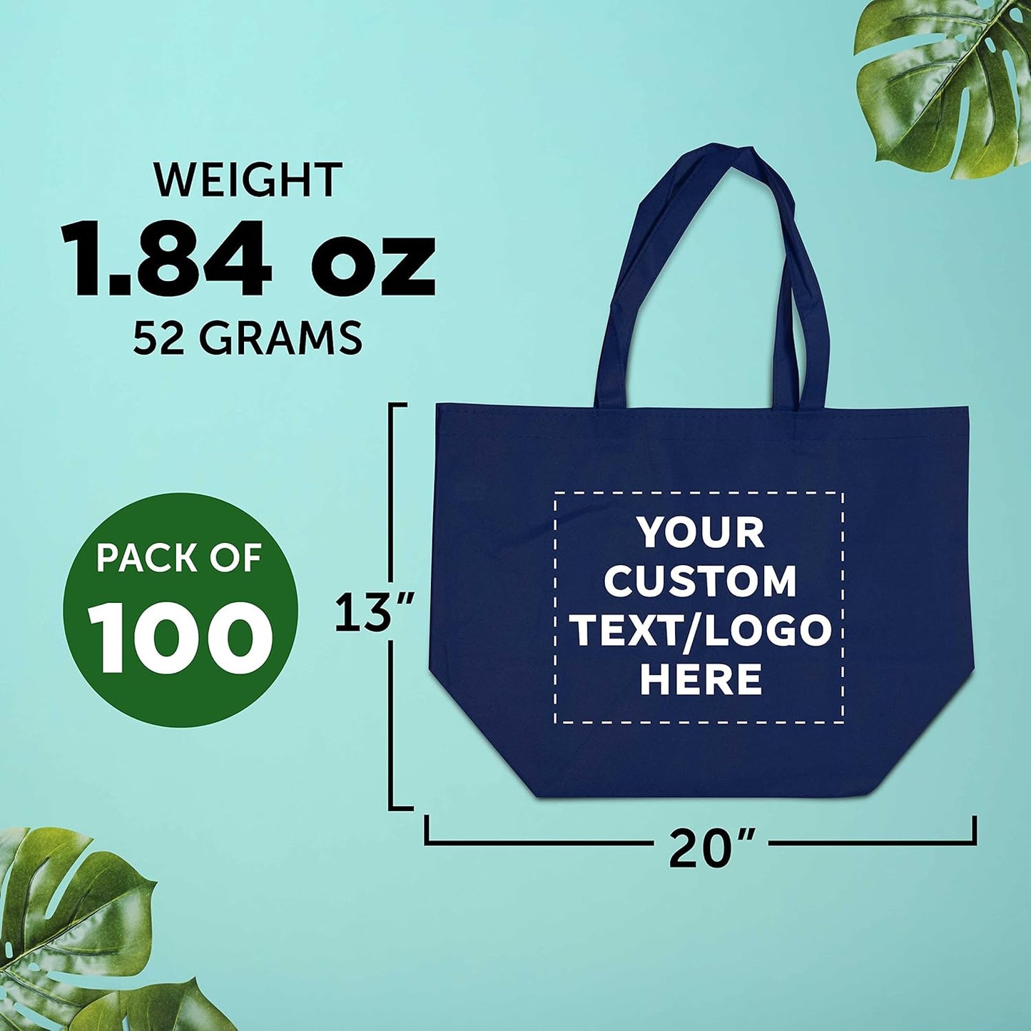 DISCOUNT PROMOS Custom Southern Style Grocery Tote Bags Set of 100 - Personalized Bulk Pack, Reusable Grocery & Shopping Bags - Great for Travel, Business Promotions - Navy Blue - 20"X13"X8"