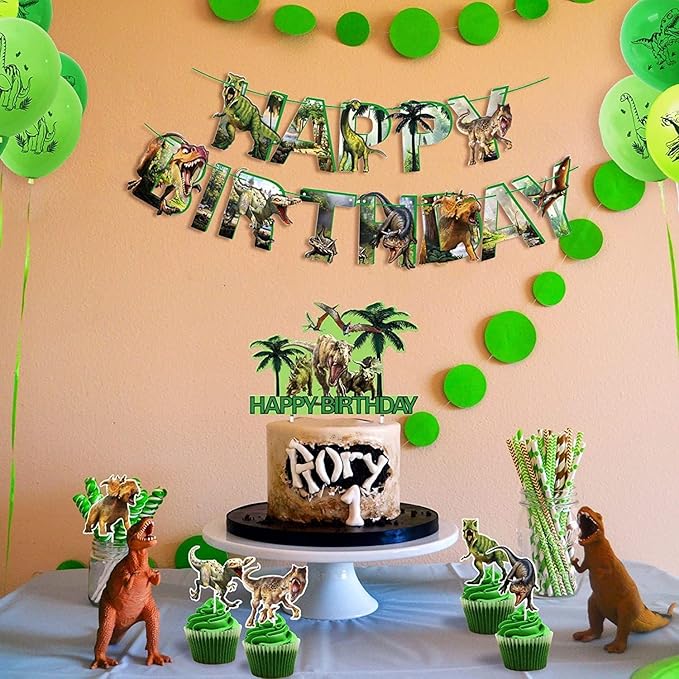 Dinosaur Birthday Decorations – Dino Theme Party Supplies with Happy Birthday Banner, 24 Balloons, 16 Cupcake & Cake Toppers, Ribbons – Dinosaur Balloons & Decorations for Kids