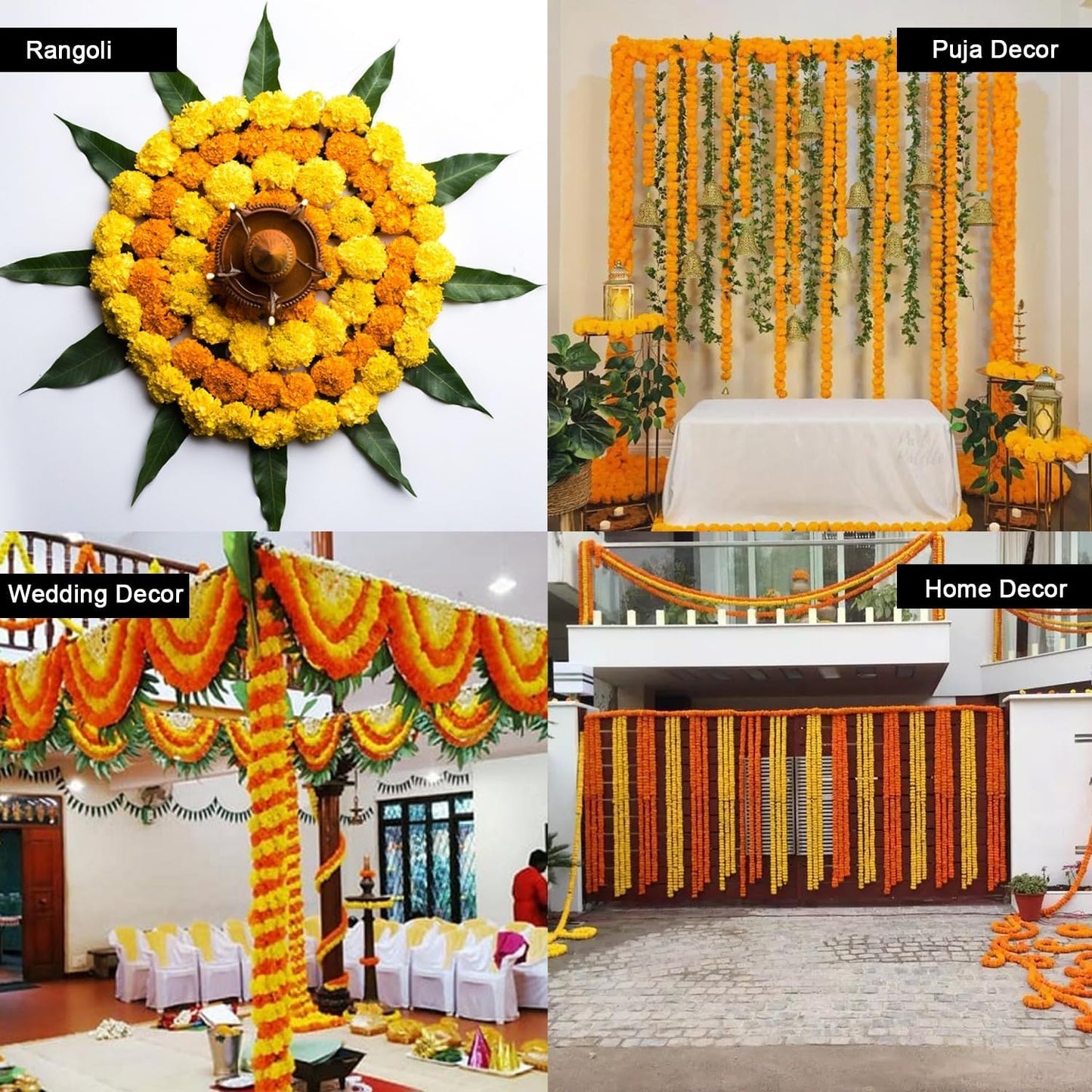 Marigold Garland for Diwali Decorations Pack of 5 - Marigold Artificial Flowers, Indian Marigold Flower Garland for Diwali Decorations (Light Orange Light Yellow | 4 to 4.5 ft) Hashcart®