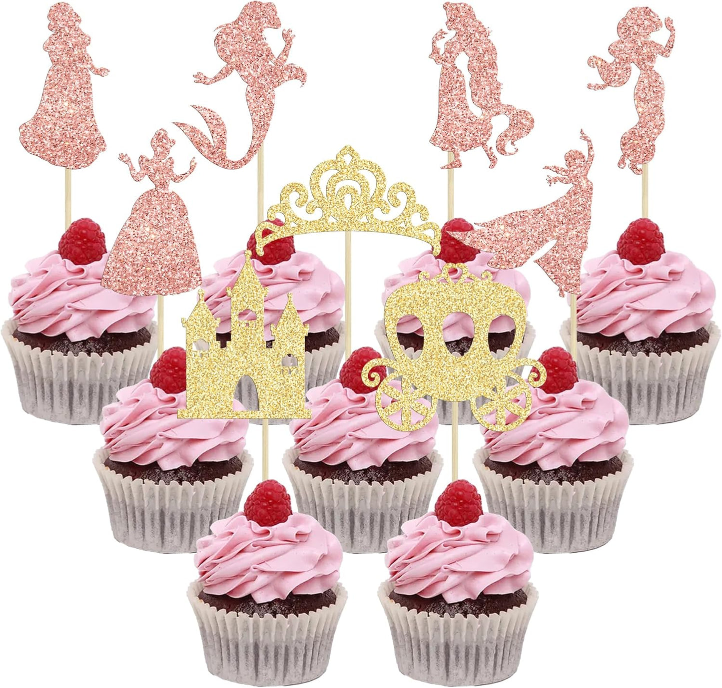 Gyufise 36Pcs Princess Cupcake Toppers Glitter Mermaid Girl Castle High Heel Crown Cupcake Picks Princess Theme Baby Shower Girls Birthday Party Cake Decorations Rose Gold