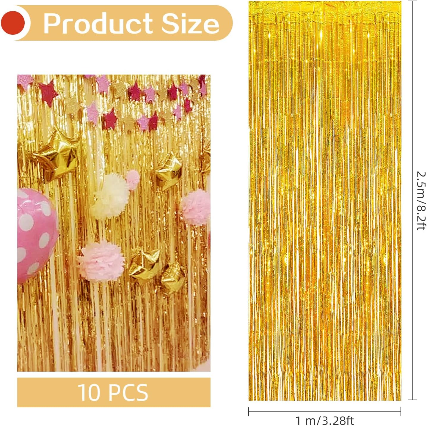 10 Pack Gold Backdrop Curtain 3.2ft x 8.2ft Metallic Tinsel Foil Fringe Curtains Photo Booth Background for Birthday Party Decoration Baby Shower Engagement Wedding Christmas Decoration (Gold)
