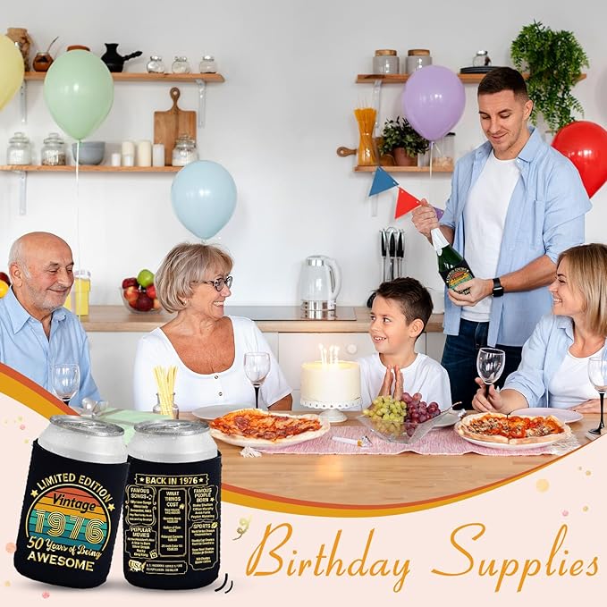 50th Birthday Can Cooler Sleeves Pack of 12-50th Anniversary Decorations- 1975 Sign - 50th Birthday Party Supplies - Black and Gold Fiftieth Birthday Cup Coolers