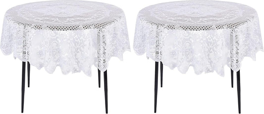 Juvale Round Lace Tablecloth - 59-Inch White Polyester - Scalloped Edge Circle Tablecloth with Floral Overlay & Vintage Decor for Wedding Receptions & Home (Pack of 2)
