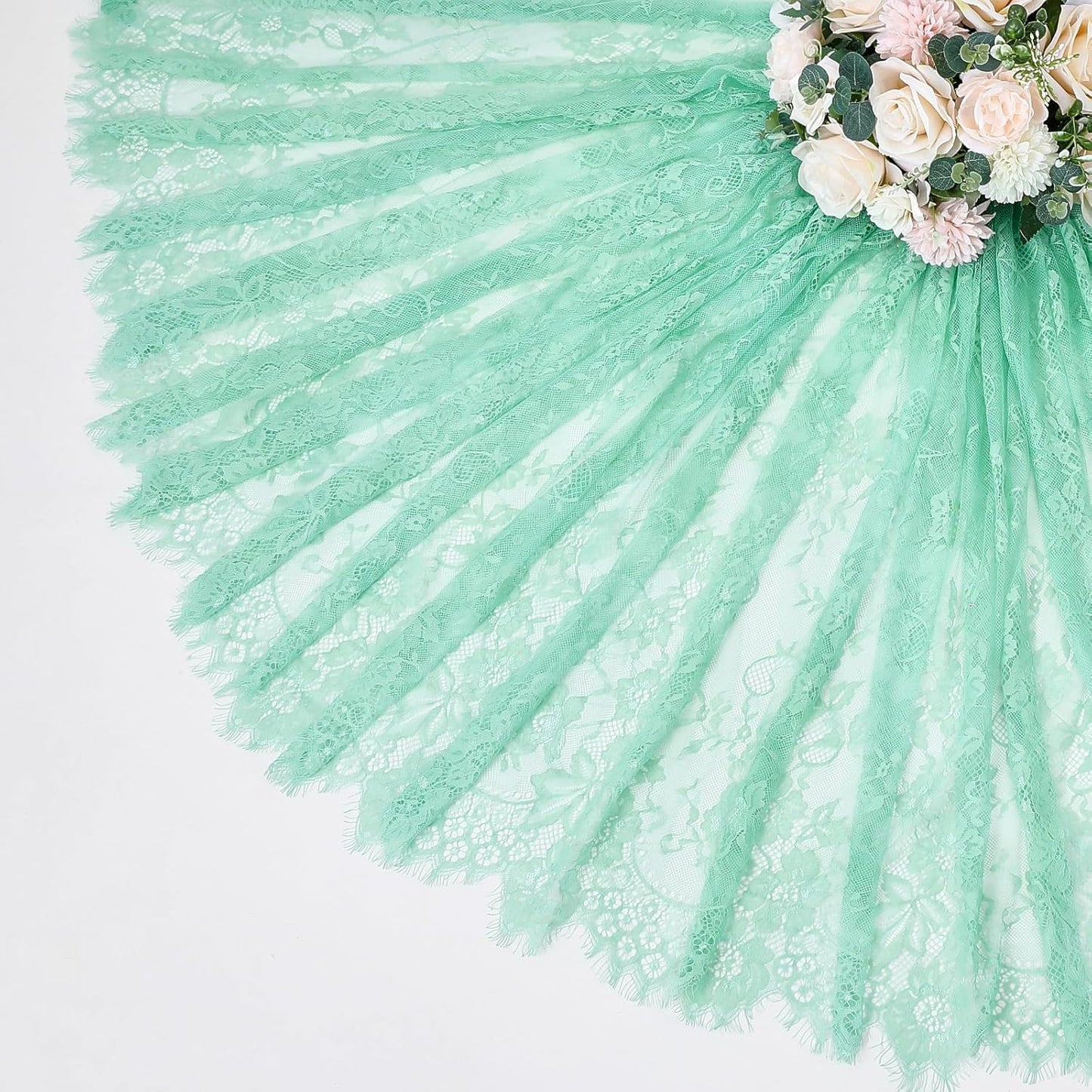 Light Green Lace Tablecloth Sheer Table Fabric 2pcs 60x120 Inch for Scary Movies Rustic Wedding Bridal Shower Party Decoration Rectangle Overlay Vintage Embroidered Reception Table Cloth Decor