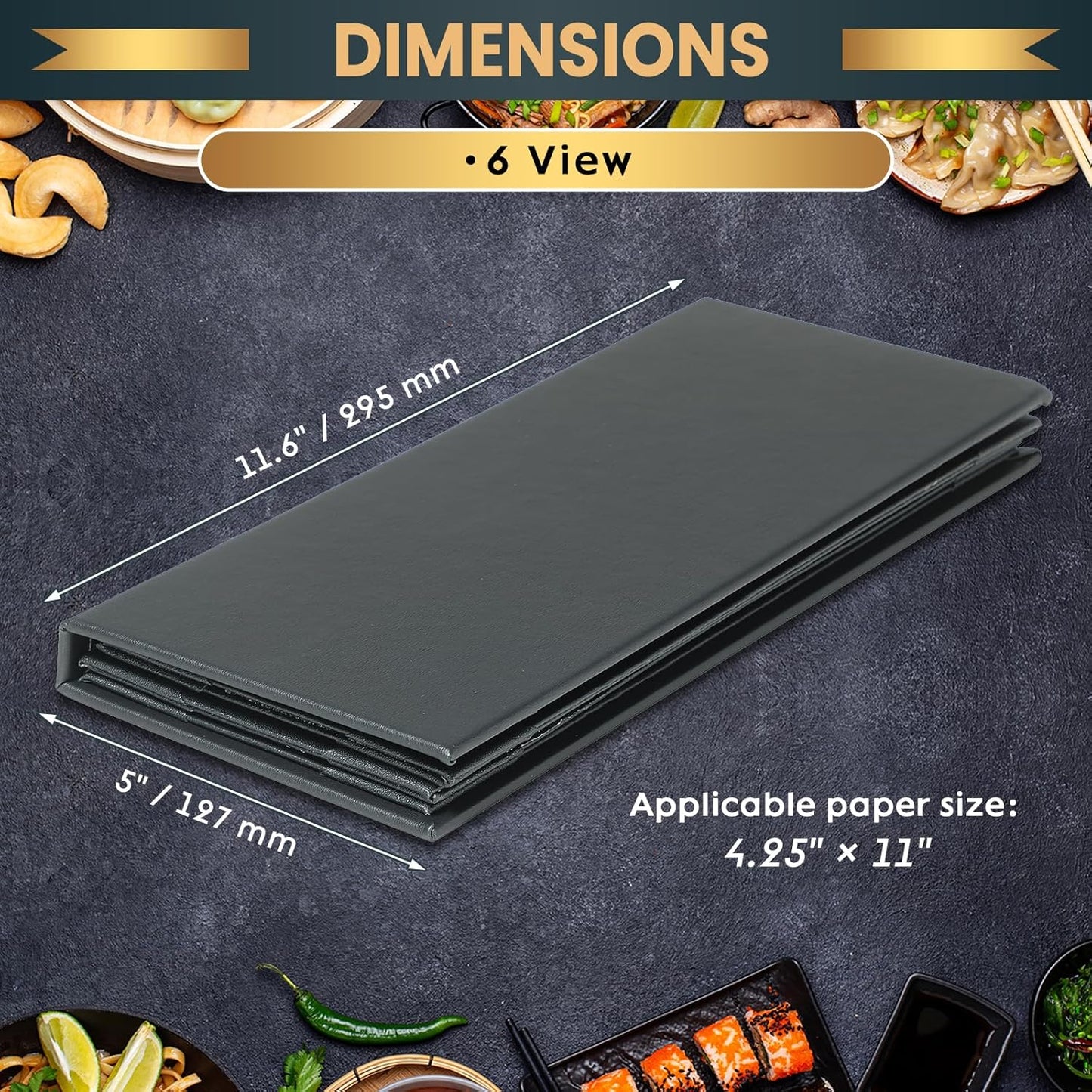 12 Pack 6 View Menu Holder Menu Covers 4.25" x 11" | Black Leather Menu Sleeves Book Style for Restaurant Coffee Bars Wine List