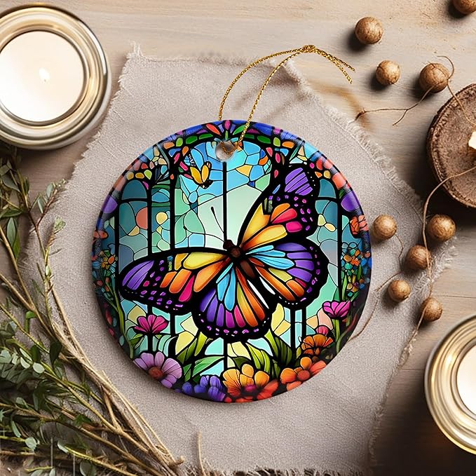 Touber Stained Ceramic Butterfly Ornament - Butterfly Christmas Ornaments - Christmas Tree Ornaments - Christmas Decorations - Butterfly Decor for Office, Room, Home - Holiday Present Ideas - A