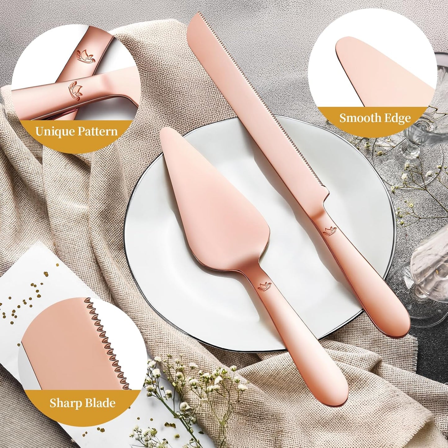 Cake Cutting Set for Wedding - Extended Cake Knife and Server Set Thickened Stainless Steel 13.0" Cake Cutter 10.49" Pie Spatula Great for Birthday Anniversary Christmas Gift 2 Pcs Rose Gold