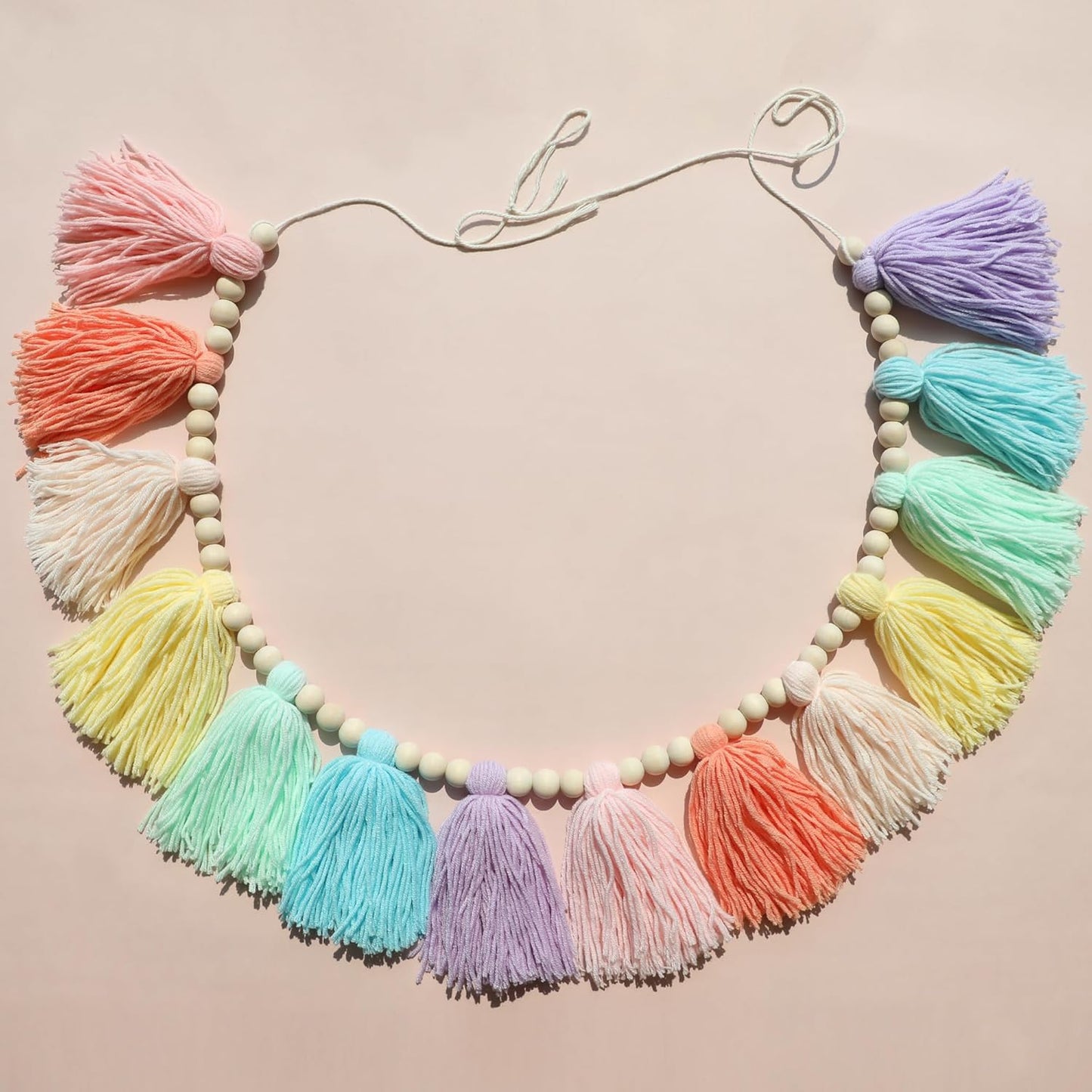 Pastel Rainbow Boho Tassel Garland Wall Hanging with Wood Beads for Baby Shower Birthday Party Classroom Dorm Nursery Decor