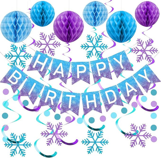 meowtastic Frozen Birthday Party Decorations - Happy Birthday Banner with Honeycomb Balls, Snowflake Hanging Swirls Streamers, Circle Dots Garland Decorations - Party Decor for Boys Girls (Frozen)