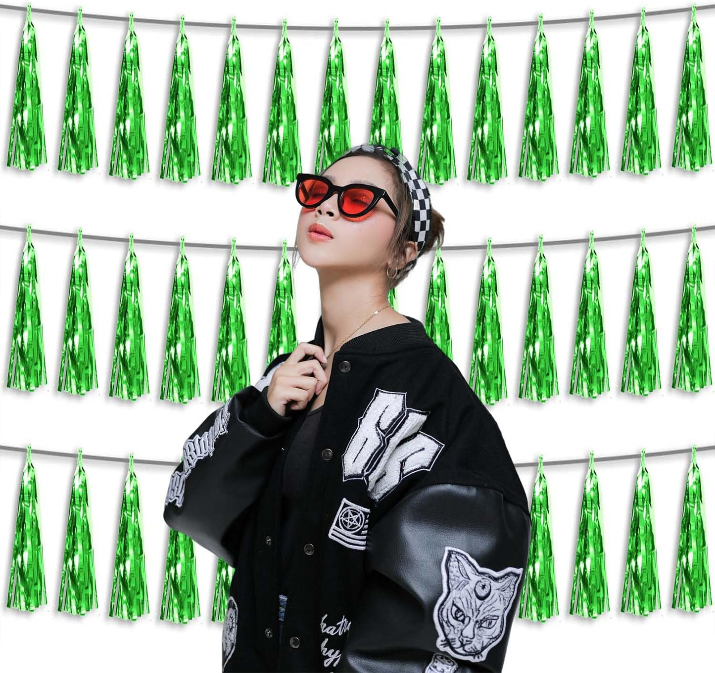 3P Metallic Fringe Tassel Banner Garland Foil Tinsel Streamer Wall Hanging Curtain Backdrop Banner for Parade Floats, Graduation Decorations, Father's Day Party Decoration(Green)