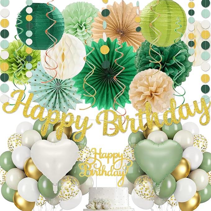 Sage-Green Gold Birthday Decoration,Happy Banner,Olive Retro Paper Lanterns Neutral Tissue Pom Poms Fan,Boho Green Balloons For Anniversary Princess Backdrop Party Supplies for Women Girls Mens