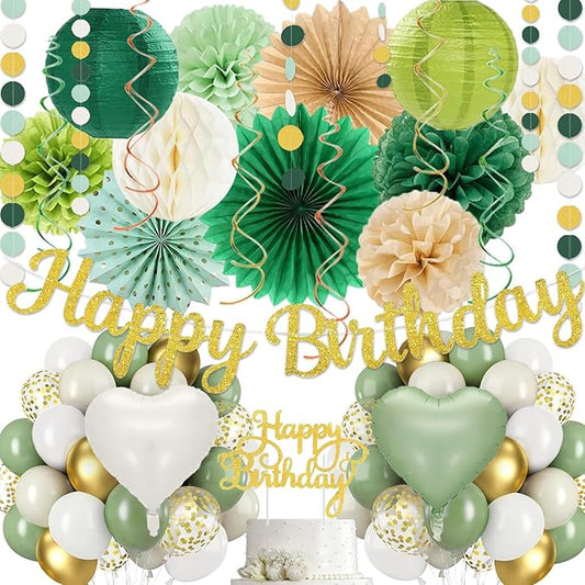 Sage-Green Gold Birthday Decoration,Happy Banner,Olive Retro Paper Lanterns Neutral Tissue Pom Poms Fan,Boho Green Balloons For Anniversary Princess Backdrop Party Supplies for Women Girls Mens