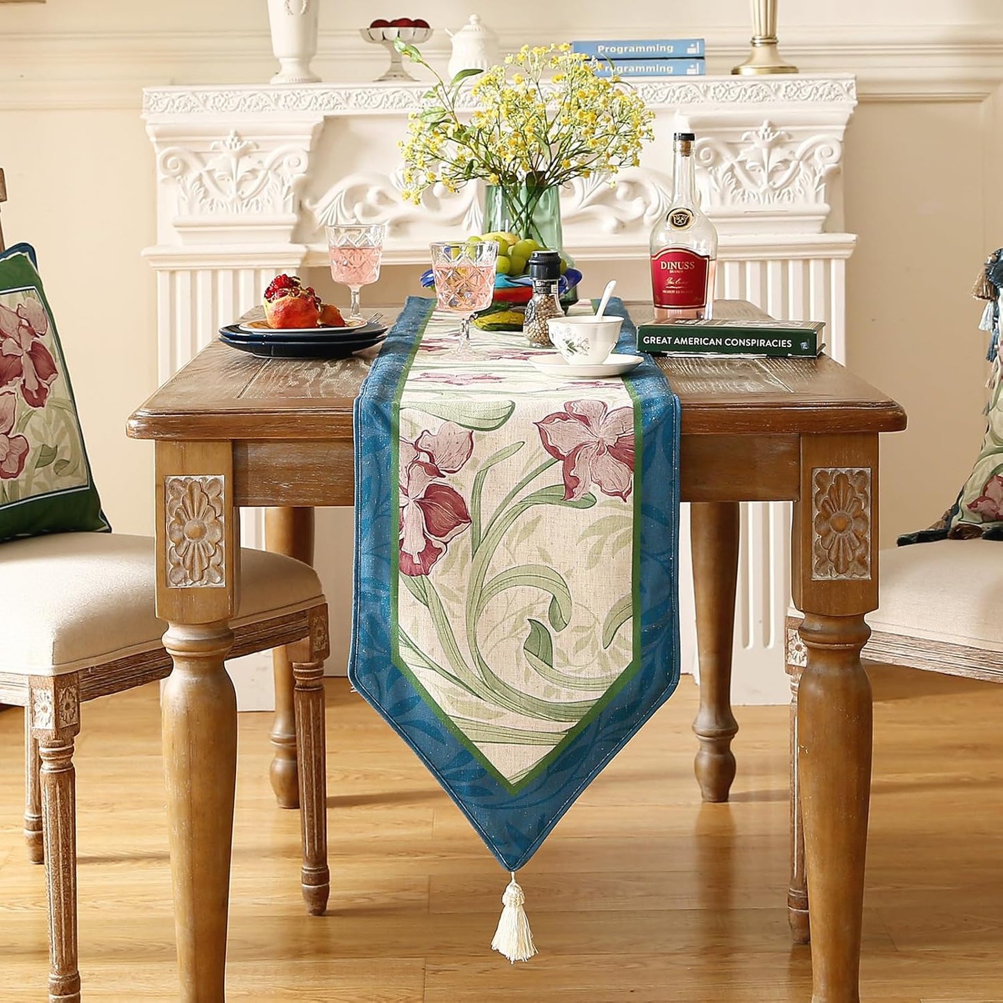 patdrea Designer Elegant Bright Linen Table Runner 71 Inch Long, Mauve Iris Floral Pattern Table Mat, Decoration for Kitchen Dining Table Coffee Table Shelf Cabinet Banquet Christmas ,12"*71"