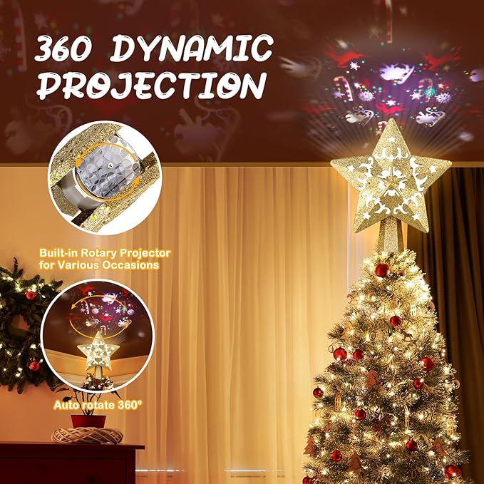 Christmas Tree Topper, Christmas Star Tree Topper Built-in LED Rotating Lights, Plug in 3D Golden Glittered Star Tree Topper for Xmas Party Holiday Decorations