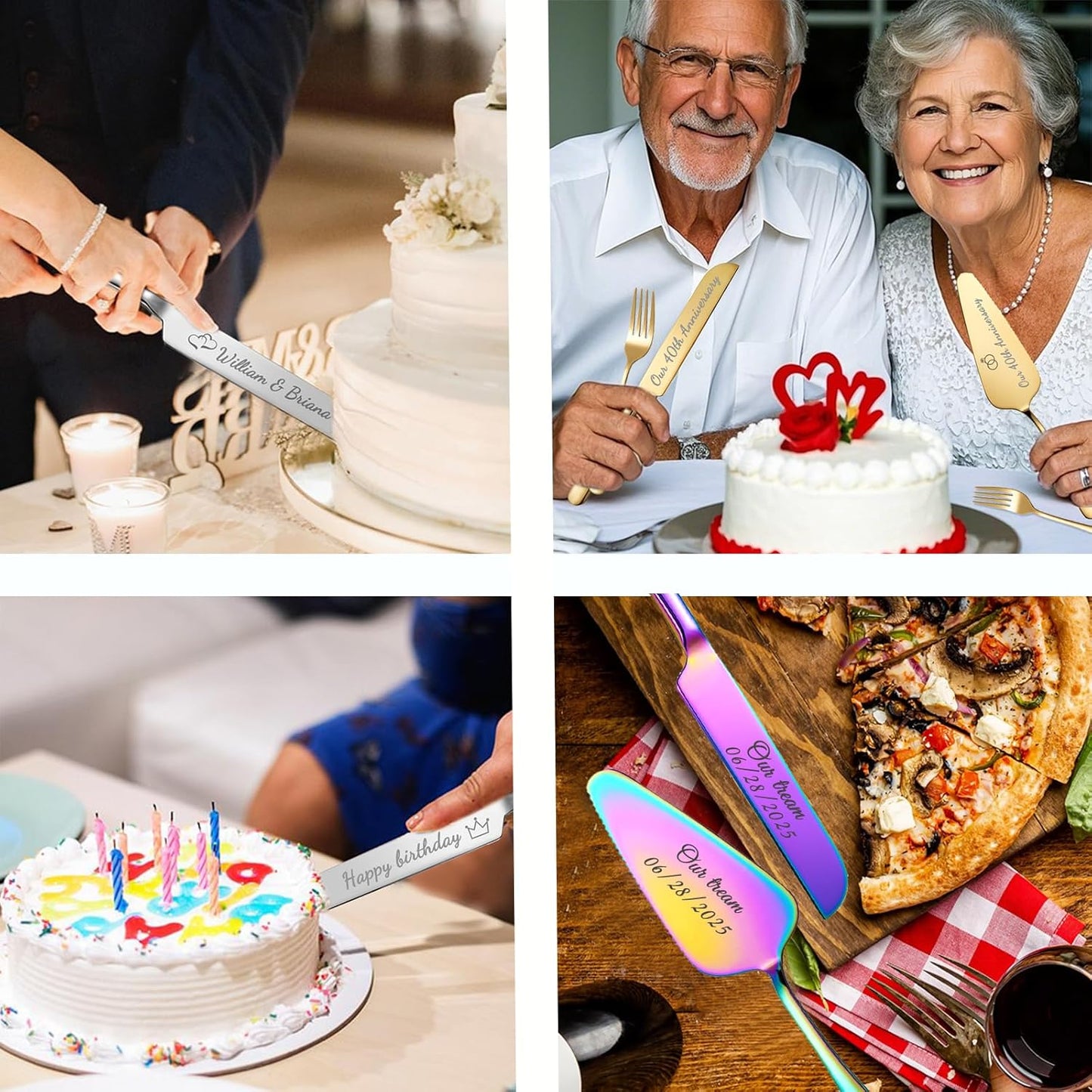 Personalized Wedding Cake Knife and Server Set, Custom Names Cake Cutting Set with Stainless Steel Forks, Customized Bridal Anniversary Birthday Wedding Registry Gifts (Black)