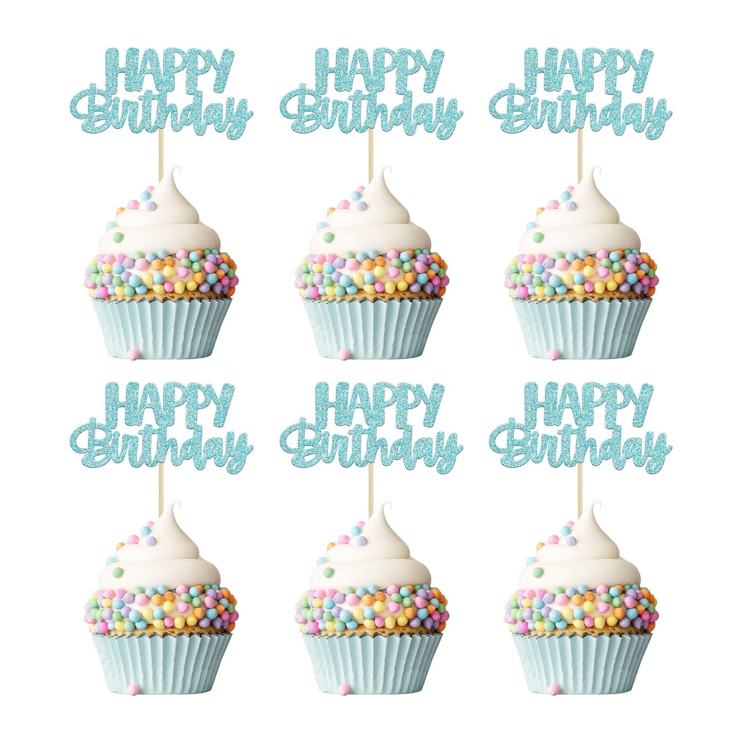Gyufise 24Pcs Happy Birthday Cupcake Toppers Glitter Birthday Cupcake Food Picks for Celebrating Happy Birthday Party Cake Decorations Supplies Light Blue