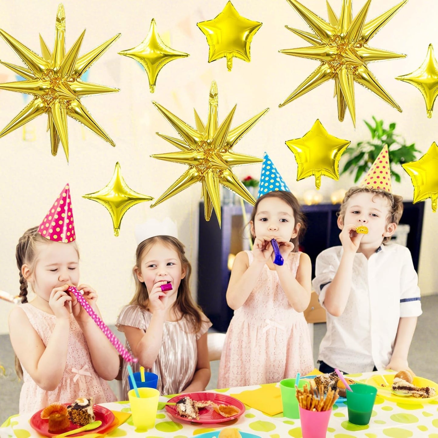 Gold Star Balloon,16Pcs Star Foil Balloons Set with 22Inch Explosion Spike Cone Balloons and 10Inch Quadrangle Helium Balloon for Birthday Wedding Baby Shower Party Decorations