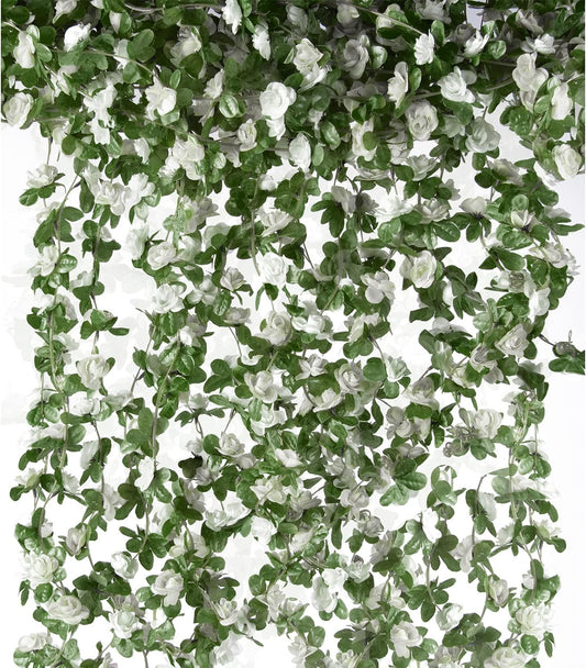 6 Pcs x 8.2 ft Flower Garland Artificial Rose Vine Flowers with Green Leaves Hanging Fake Roses Vine for Room Party Home Wedding Birthday Christmas Wall Arch Decor, Spring White Flower
